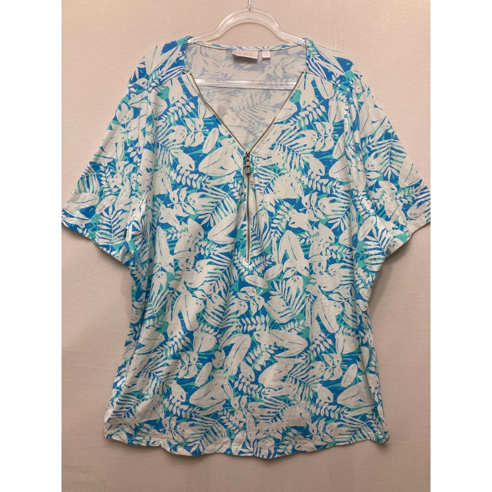 Belle by Kim Gravel Zip Neck Top 4X Blue Tropical Palm Leaf Print Stretch Knit